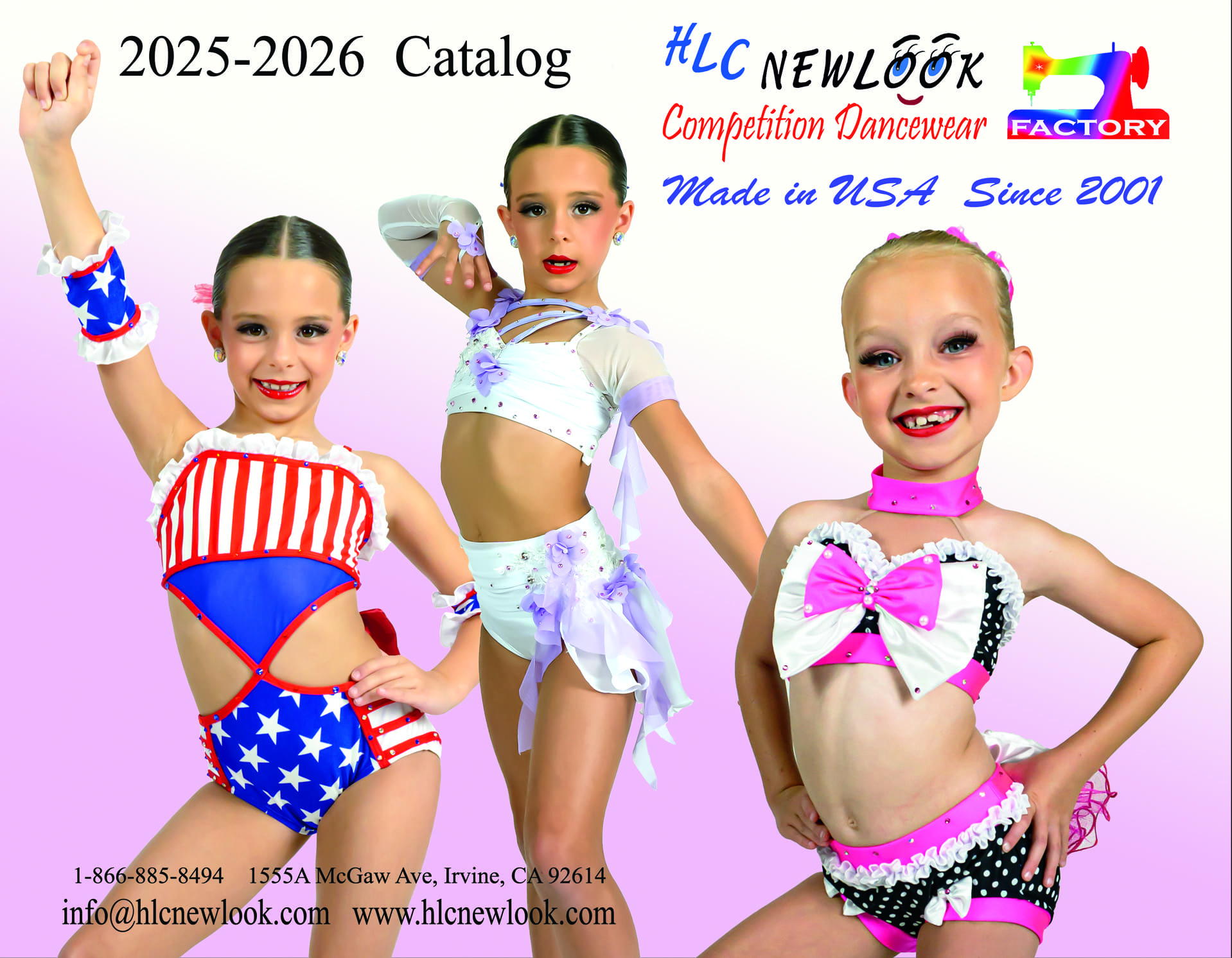 Three young girls in colorful competition dancewear posing against a pink background.