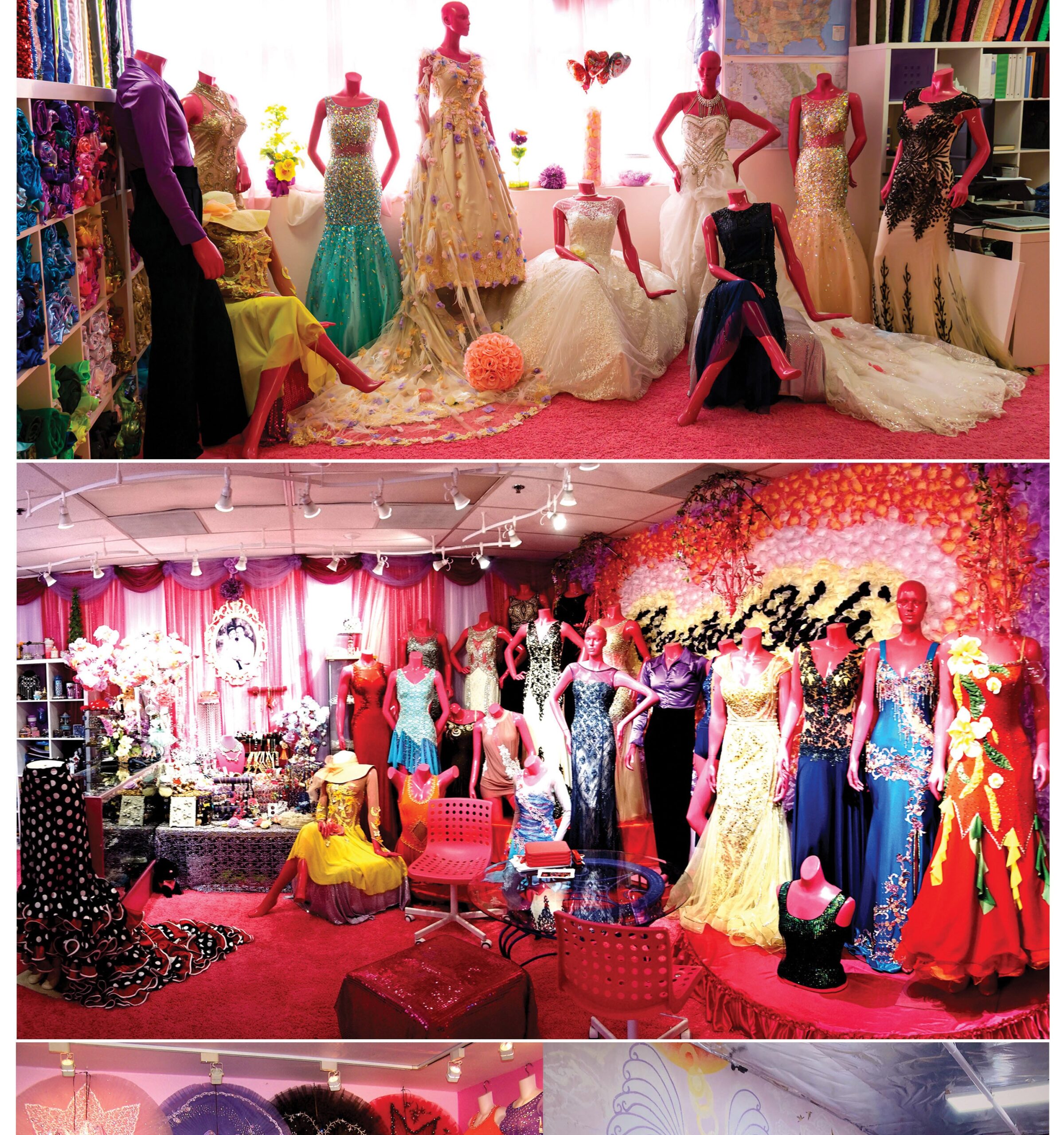 Colorful mannequins display elegant dresses in a vibrant boutique.