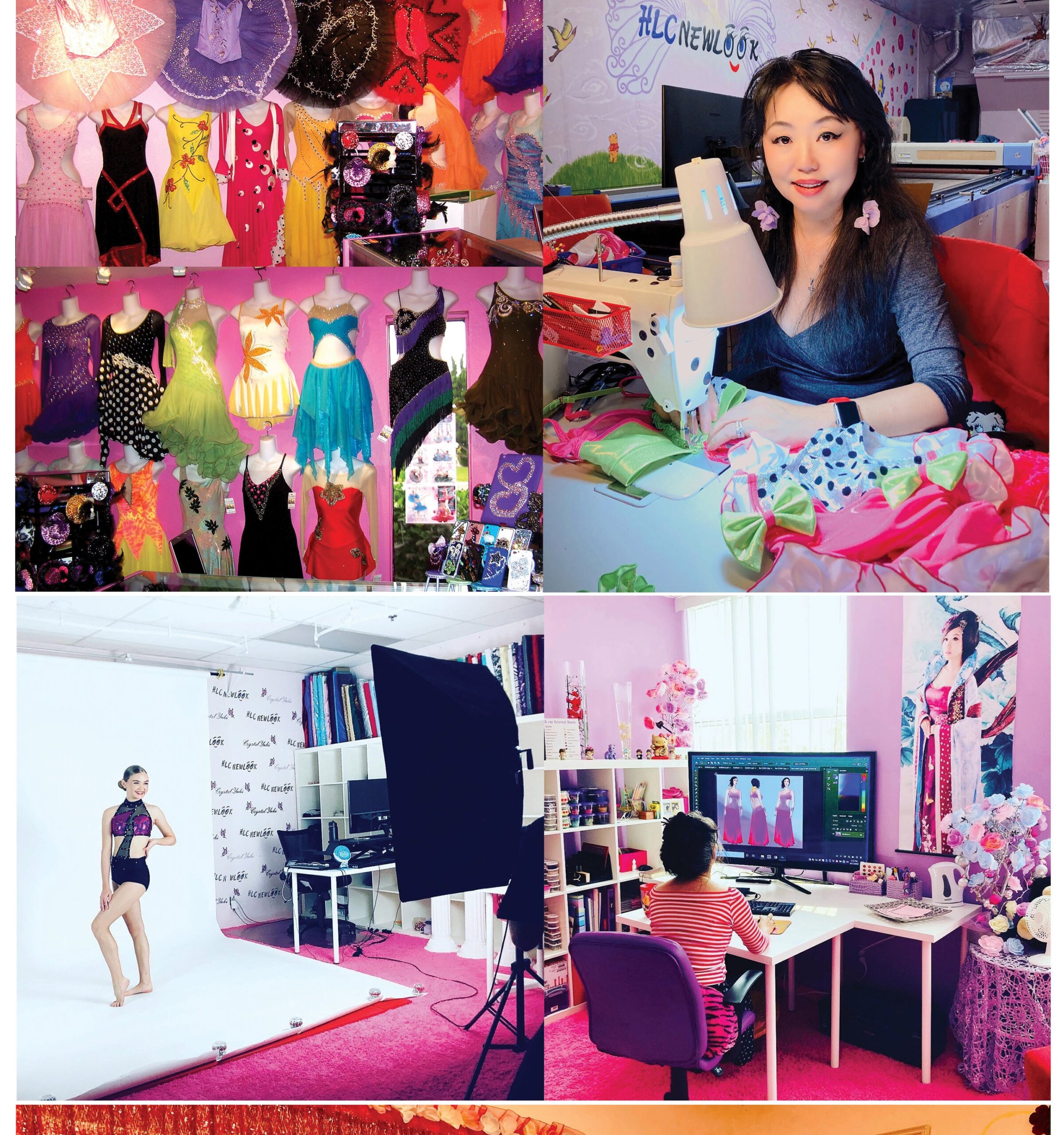 Colorful dance costumes displayed, woman sewing, and a photo shoot with a designer editing images.