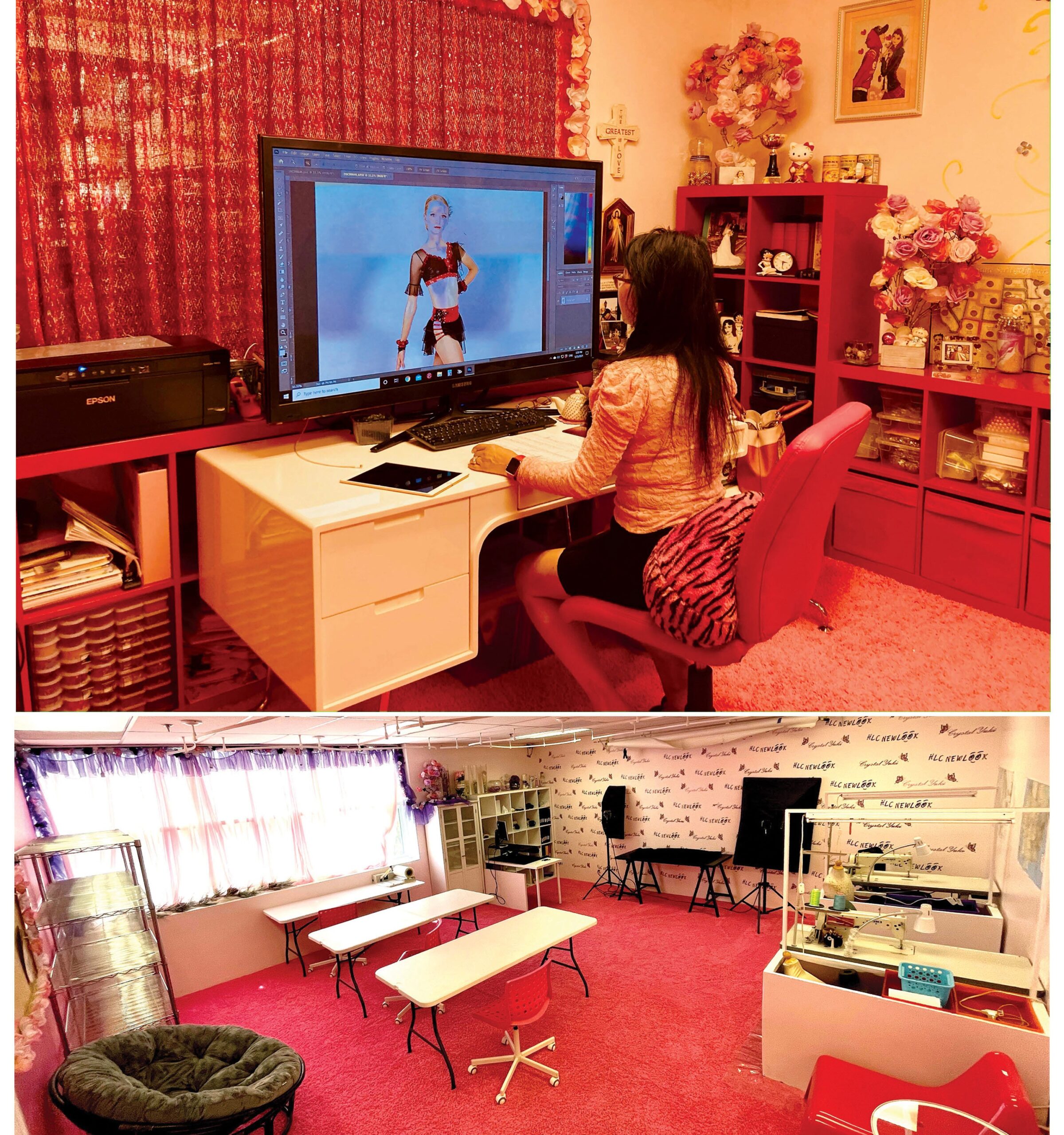 Woman designing on a computer in a cozy, decorated workspace with a bright pink carpet.