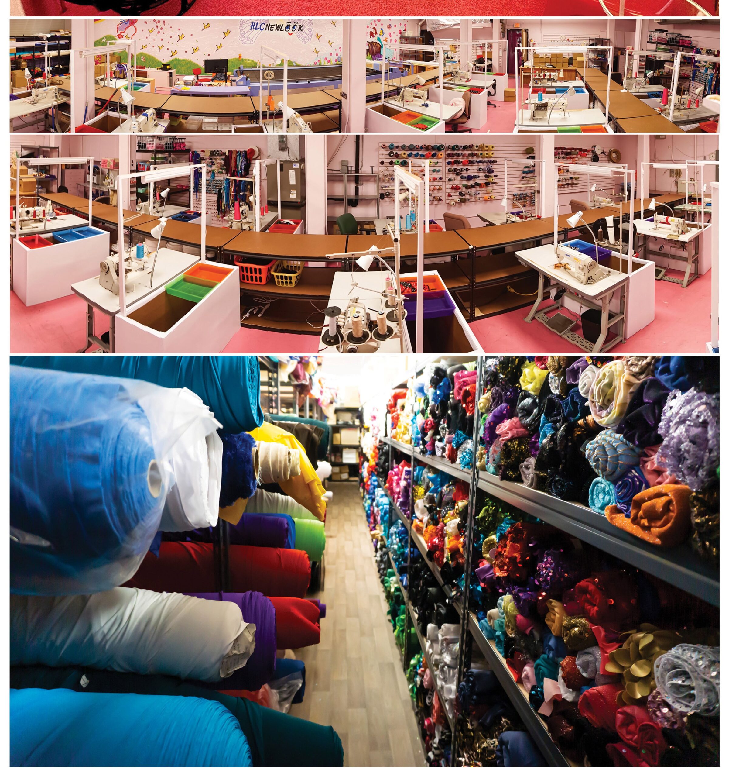 A fabric store with sewing machines and colorful rolls of fabric.